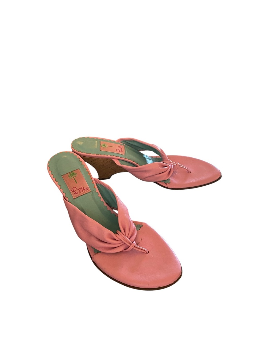 Lily Pulitzer Pink leather cork wedge Bow Tie Thongs Resortwear Coastal sandals - Picture 9 of 9